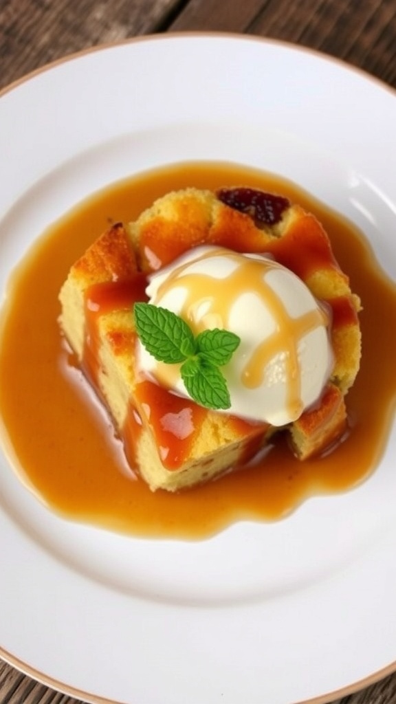 Warm bread pudding with caramel sauce and vanilla ice cream on a rustic plate.